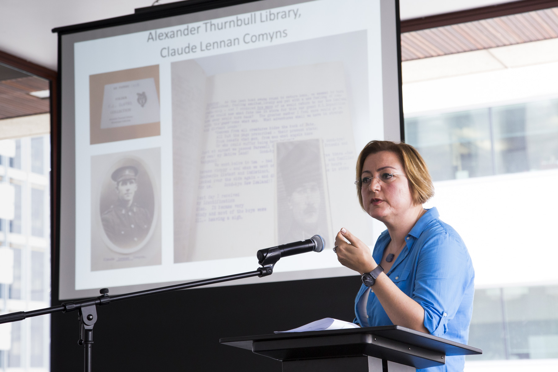 Dr Kemaloglu at the National Library of New Zealand, talking about the picture of Ataturk (then Turkish Military Officer Mustafa Kemal Pasha) found in New Zealand soldier Claude Lennan Comyn's diary. Photo / Mark Beatty, Imaging Services, National Library of New Zealand